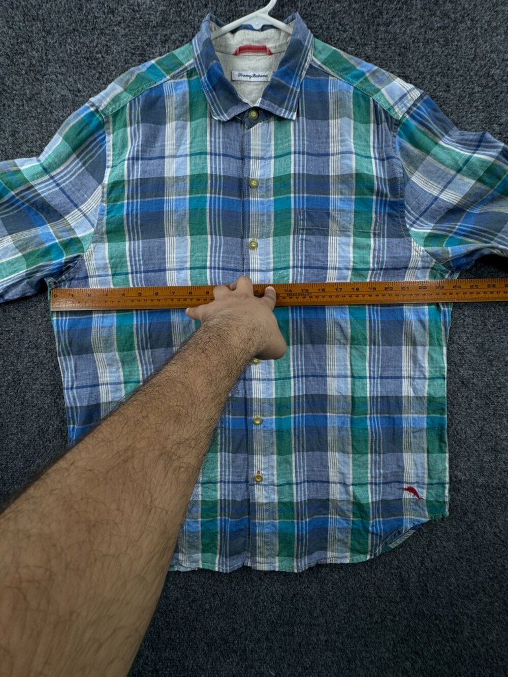 Tommy Bahama All Linen Plaid Logo Large Blue Green Button Up Long Sleeve Beach - Picture 9 of 16